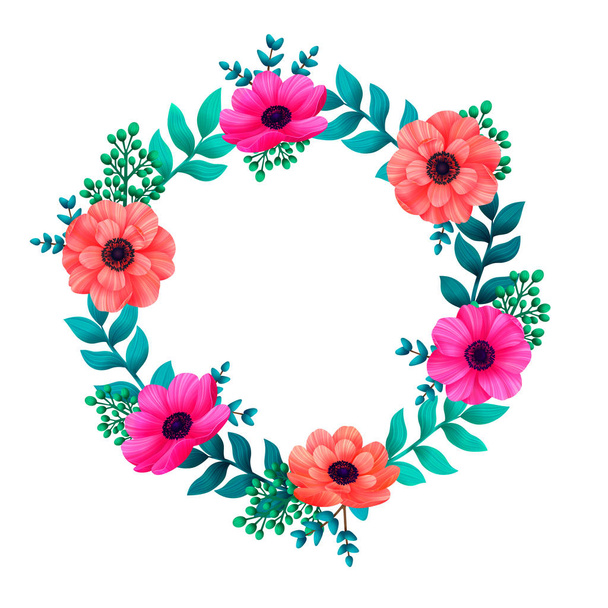 Floral circle frame. Tropical flowers trendy template. Summer Design with beautiful flowers and leaves with copy space on white background. Invitations, wedding or greeting cards. - Vector, imagen