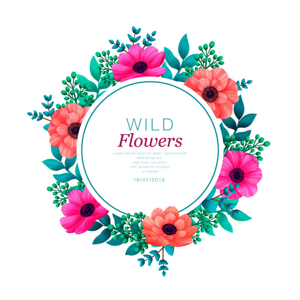 Floral circle frame. Tropical flowers trendy template. Summer Design with beautiful flowers and leaves with copy space on white background. Invitations, wedding or greeting cards. - Vetor, Imagem