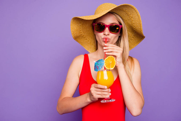 People person having rest relax leisure pause from work concept. Closeup photo studio shooting portrait of attractive lady tasting yummy cocktail from glass isolated bright background - Zdjęcie, obraz