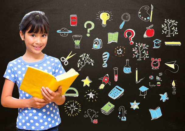 Digital composite of School girl and Education drawing on blackboard for school - Fotó, kép