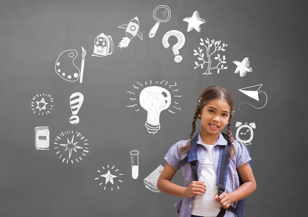 Digital composite of School girl and Education drawing on blackboard for school - Φωτογραφία, εικόνα