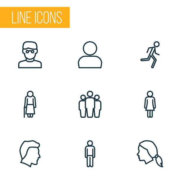 Stile linea di icone umane impostato con jogging, dati personali, gruppo e altri elementi in esecuzione. Isolato vettoriale illustrazione icone umane
. - Vettoriali, immagini
