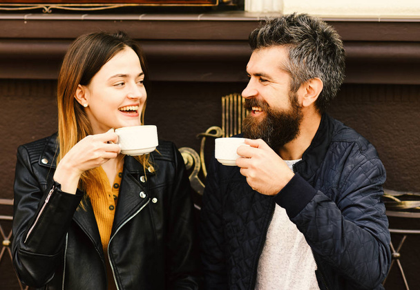Hot beverage and lunch. Woman and man with happy faces - 写真・画像