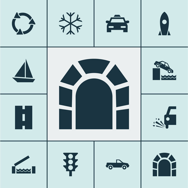Icone di trasporto impostate con semaforo, rischio, scheggiature allentate e altri elementi di riciclaggio. Isolato vettoriale illustrazione icone di trasporto
. - Vettoriali, immagini