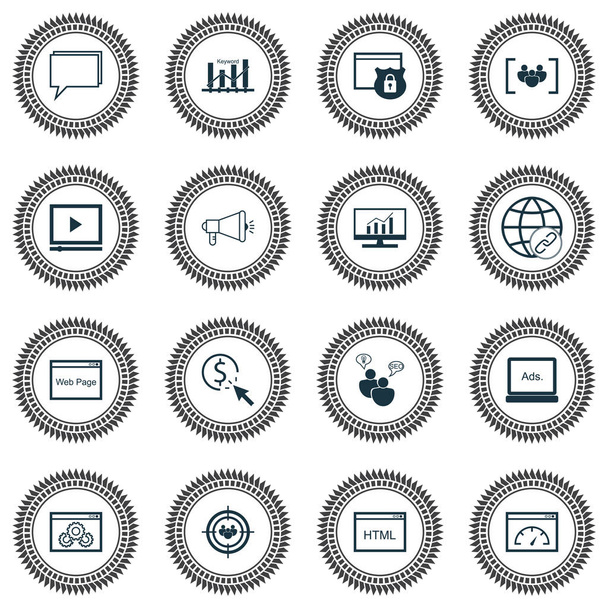 SEO icons set with focus group, display advertising, website optimization and other conference elements. Isolated  illustration SEO icons. - Photo, Image