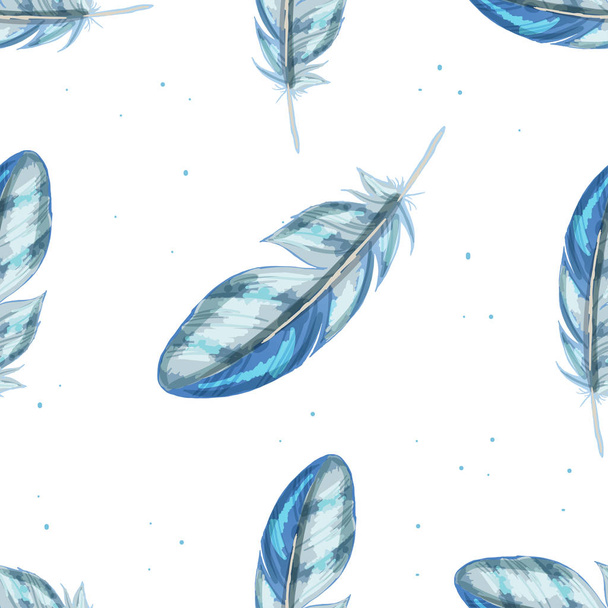 Blue colored seamless feather pattern. Seamless background with feathers of bird. Repeating texture. Boho style - ベクター画像