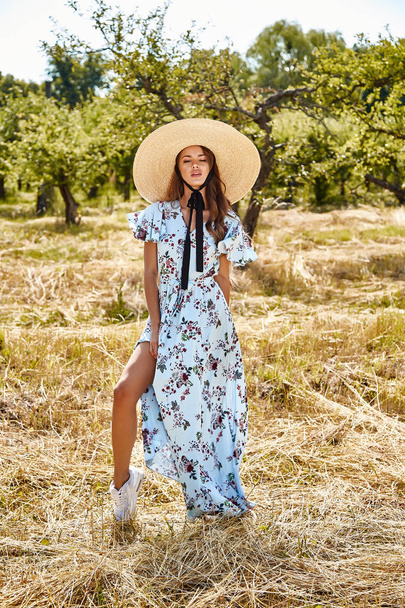 Sexy beautiful young woman fashion model wear long blue stylish dress from summer collection accessory straw hat hot nature garden walk dry grass romance pretty face long brunette hair tan sun shine. - Foto, afbeelding