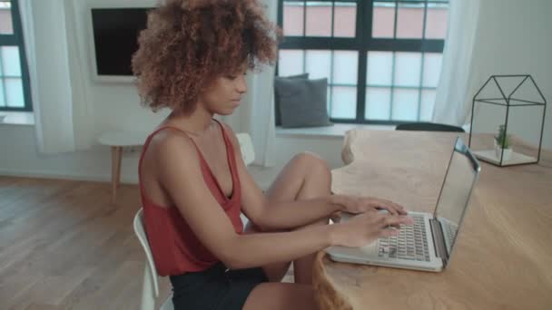 Young Afro American woman using laptop computer while sitting at table. - Filmmaterial, Video