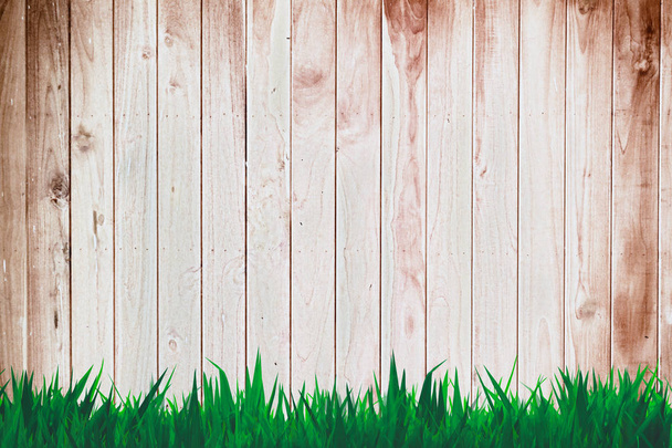 Plancher en bois balcon herbe de ciel fond bokeh
  - Photo, image