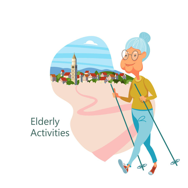 Пожилая женщина занимается нордической ходьбой. Бабушка ведет здоровый образ жизни. Она занимается спортом и туризмом. Векторная иллюстрация
. - Вектор,изображение