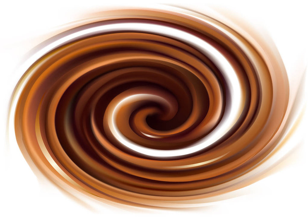 Soft wonderful mixed dark beige curvy eddy ripple luxury fond. Beautiful yummy volute fluid melt sweet choco cremy surface with space for text on glowing milky white stripe in middle of funnel - Vector, Image