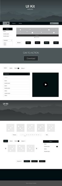 Dark BLUE vector style guide with mountains. Web ui kit with abstract gradient hills in its header. Template for landing pages of leisure. - Vector, Image