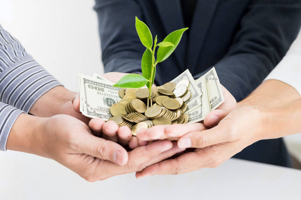 Бізнесмен рука робить долоню з виростанням грошових монет і паростком рослин заощаджує фінансову концепцію успіху
. - Фото, зображення