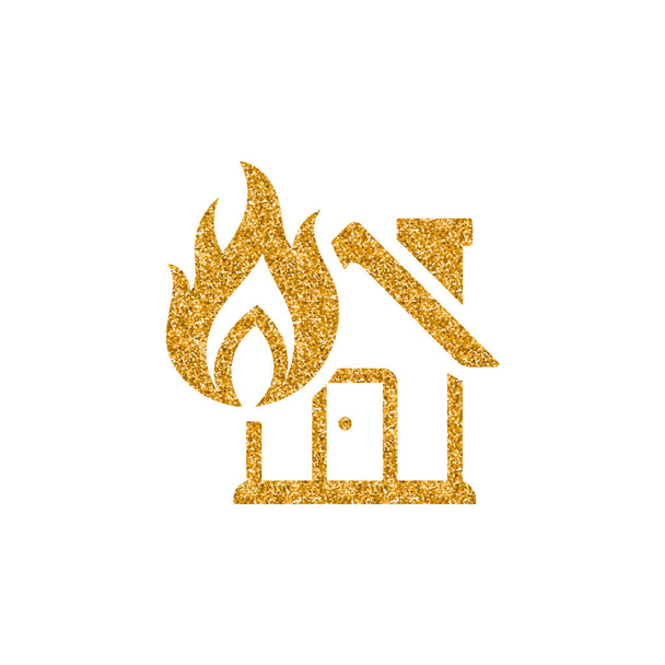 Icono de fuego de la casa en textura de brillo de oro. Sparkle lujo estilo vector ilustración
. - Vector, imagen