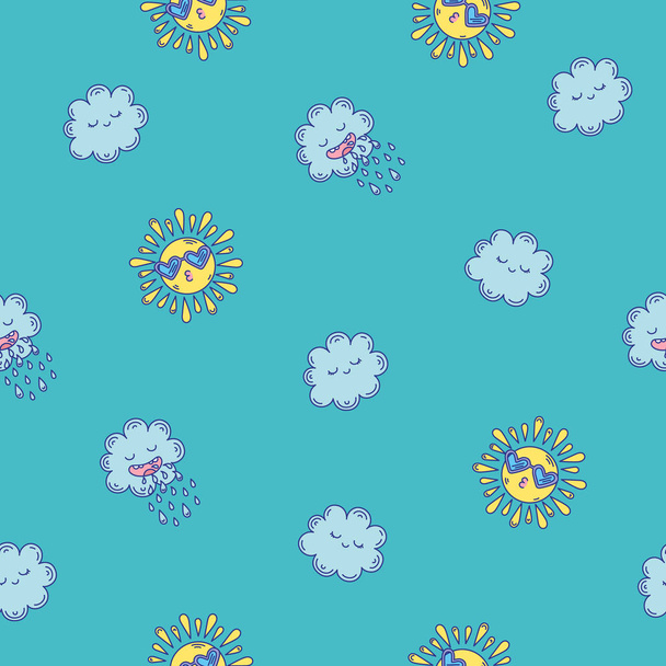 Cute hand-drawn endless doodle pattern with suns and rainy clouds. - Vetor, Imagem