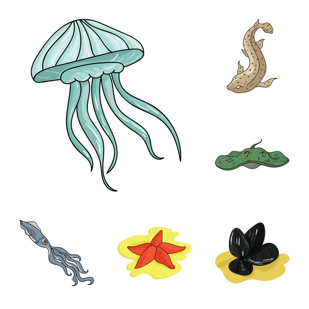A variety of marine animals cartoon icons in set collection for design. Fish and shellfish vector symbol stock web illustration. - Διάνυσμα, εικόνα