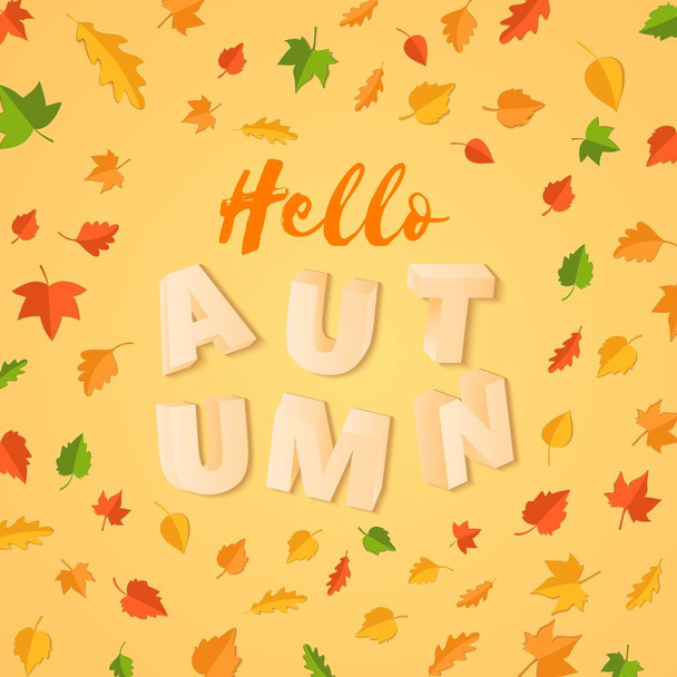 紙のカット スタイルに黄色の背景に緑黄赤の単語秋組成を残します。秋の葉 3 d 現実的な文字デザイン ポスター、バナー、チラシ印刷 t シャツ。ベクトル イラスト カード - ベクター画像