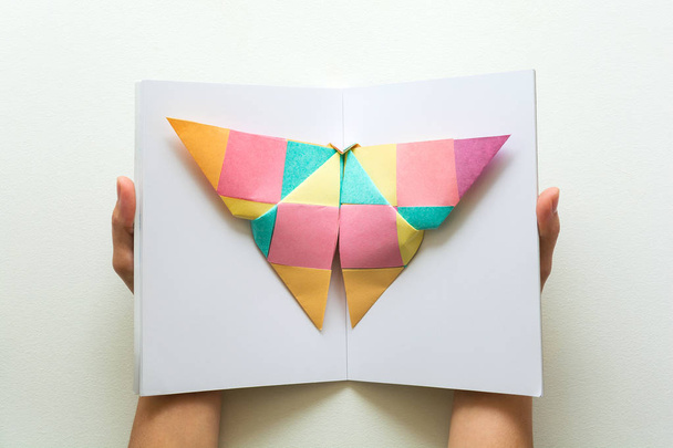 Mental health concept. Colorful paper butterfly sitting on book. Harmony emotion. Origami. Paper cut style. - Fotó, kép