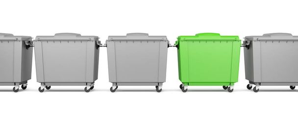 contenedor de basura verde entre contenedores grises aislados sobre fondo blanco. ilustración 3d
 - Foto, imagen