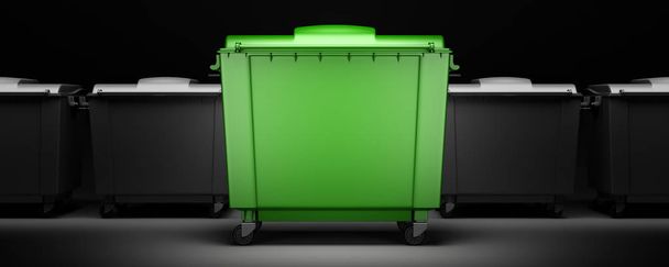 contenedor de basura verde entre contenedores grises aislados sobre fondo oscuro. ilustración 3d
 - Foto, imagen