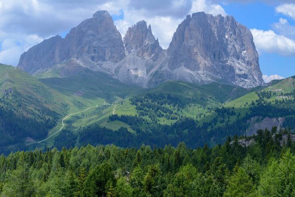 Plattkofel and Langkofel mountain ranges on the Dolomites in Italy - Photo, Image
