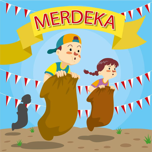 Illustration sur Hari Merdeka, Jour de l'indépendance de l'Indonésie. Les enfants courent dans le sac
. - Vecteur, image