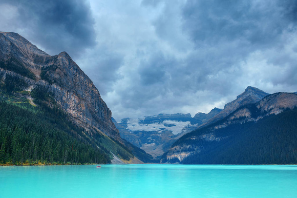Jezioro Louise w Parku Narodowym Banff z górami i lasem w Kanadzie. - Zdjęcie, obraz