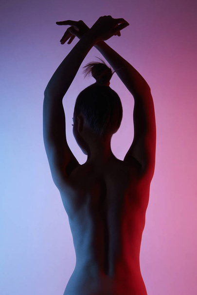 sexy beautiful nude body girl silhouette.naked back of young woman over colorful background - Zdjęcie, obraz