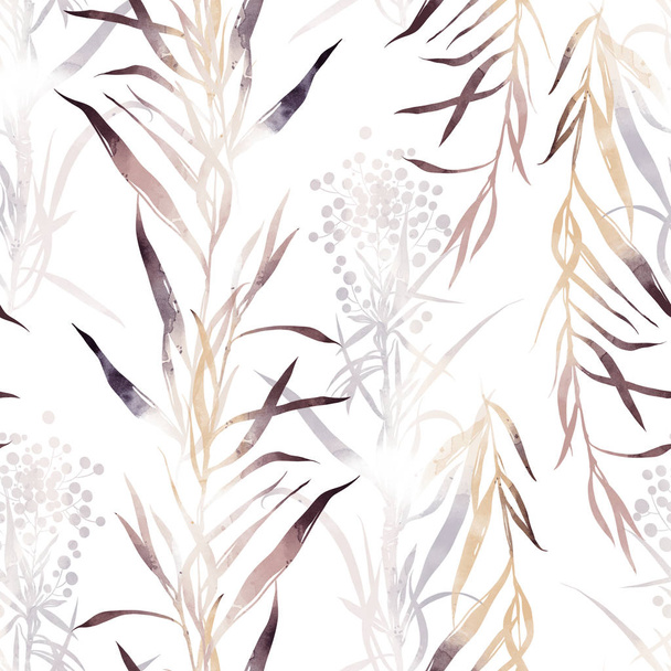 imprints meadow grass mix repeat seamless pattern on white background. digital hand drawn picture with watercolor texture - Photo, Image