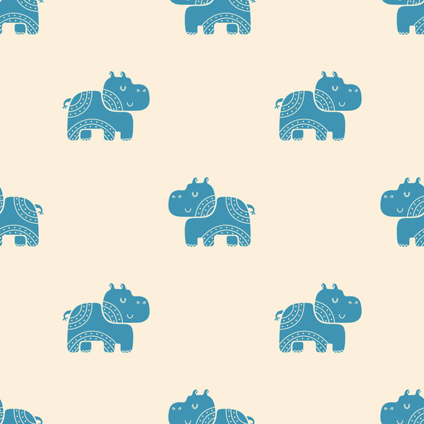 Cute childish seamless vector pattern with hippopotamus in Scandinavian style - Διάνυσμα, εικόνα