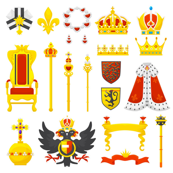 Corona real vector emblema de la realeza y oro símbolo de la joyería de rey reina y princesa signo de la ilustración de coronación príncipe autoridad y joyas de la corona conjunto aislado sobre fondo blanco
 - Vector, imagen