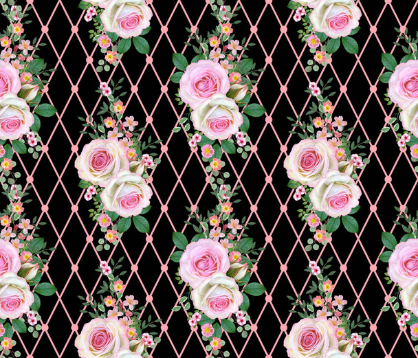 Floral seamless pattern. Flower composition. bouquet of delicate pink roses, buds, green leaves, branches, berries. - Zdjęcie, obraz