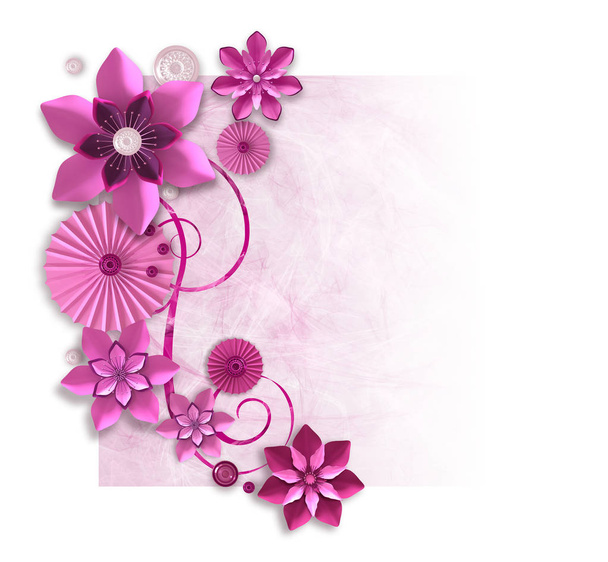 3d rendering. Composition of pink lilac paper flowers, botanical design, floral arrangement, wall decor, card. - Photo, image