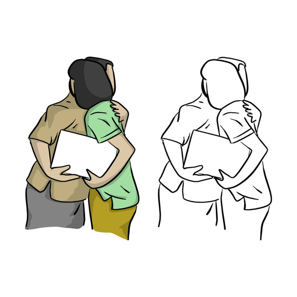 kleine Tochter umarmt ihre Mutter mit Liebe und Leerstelle auf ihren Händen Vektor Illustration Skizze Doodle Hand mit schwarzen Linien isoliert auf weißem Hintergrund gezeichnet - Vektor, Bild