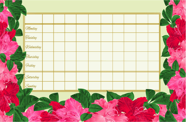 Timetable weekly schedule with blooming  pink and red flowers rhododendrons   vintage vector illustration  editable hand draw - Vector, Image
