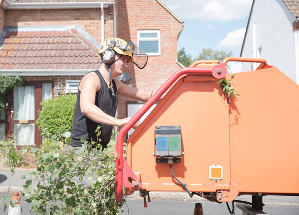 Loading a wood chipping machine. The tree surgeon is wearing a protective helmet and visor - Photo, Image