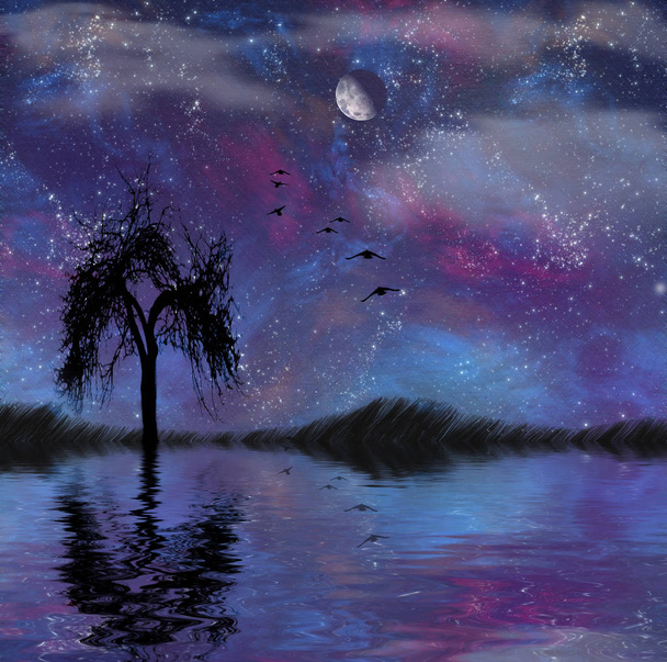 Árbol solitario en la orilla de un lago. Luna llena y pájaros en el cielo
 - Foto, imagen