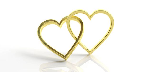 Pair of golden heart shape wedding rings isolated on white background, 3d illustration - Fotoğraf, Görsel