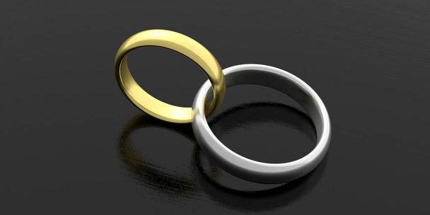 Pair of golden platinum joined wedding rings isolated on black wooden background, 3d illustration - Photo, Image