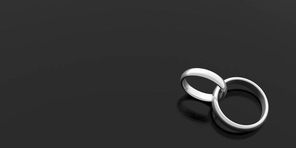 Pair of golden platinum joined wedding rings isolated on black wooden background, banner, copy space, 3d illustration - Photo, Image