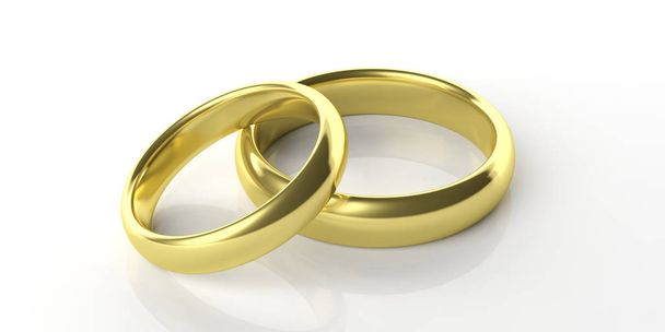 Par de anillos de boda dorados aislados sobre fondo blanco, vista de primer plano, ilustración 3d
 - Foto, Imagen
