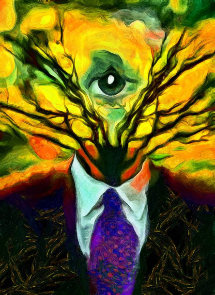 Peinture surréaliste. Figure d'homme dans un costume avec des branches d'arbre et un œil qui voit tout au lieu de la tête
. - Photo, image