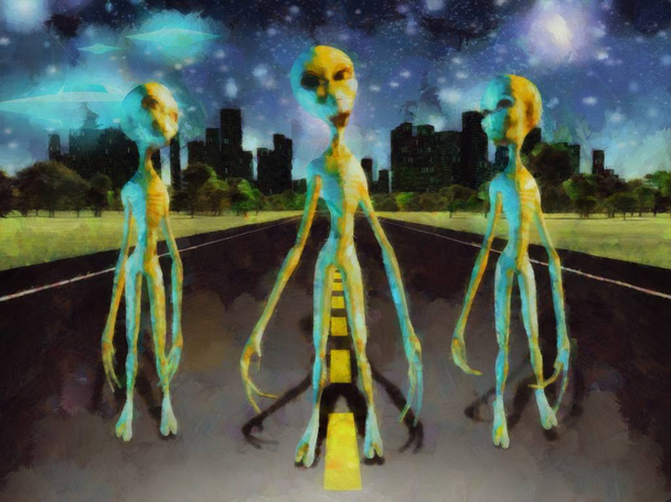 Fantástica pintura. Tres alienígenas están en la carretera. Ciudad en el horizonte
 - Foto, Imagen