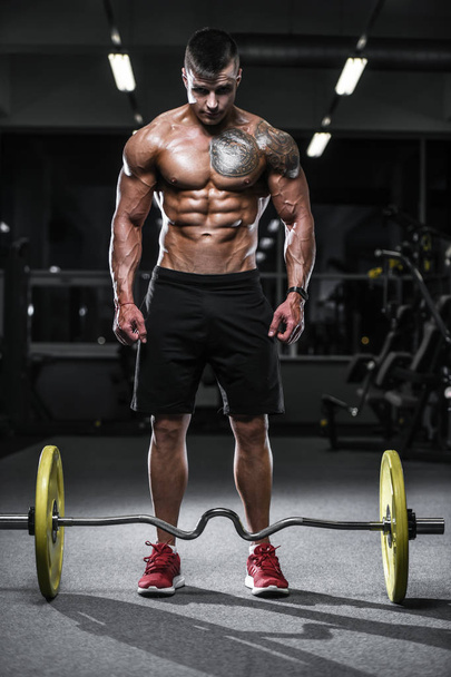 Handsome strong bodybuilder athletic man pumping up muscles workout bodybuilding concept background - muscular bodybuilder handsome men doing exercises in gym naked torso sport and diet concept - Valokuva, kuva