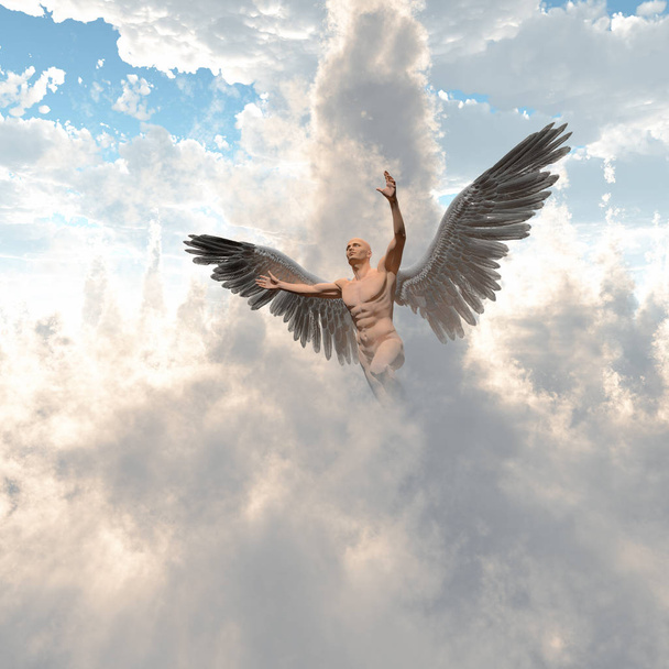 Surrealismus. Ein nackter Mann mit Engelsflügeln fliegt in den wolkenverhangenen Himmel. 3D-Darstellung. - Foto, Bild