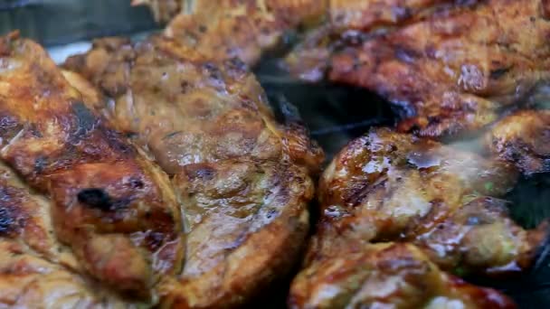 Roasting fresh meat on barbecue closeup - Footage, Video