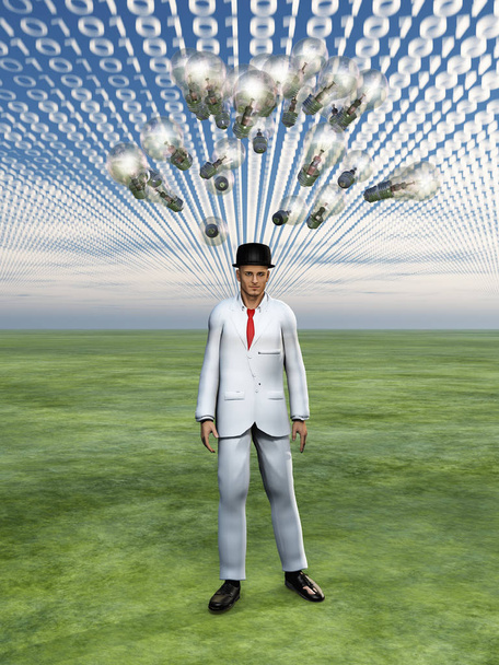 Hombre bajo código binario cielo. Bombillas simboliza ibeas, tormenta cerebral
 - Foto, Imagen