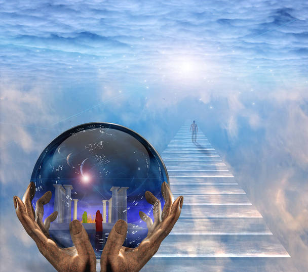 Crystal ball with temple and monk inside. Figure of man walks to the light. - Photo, Image