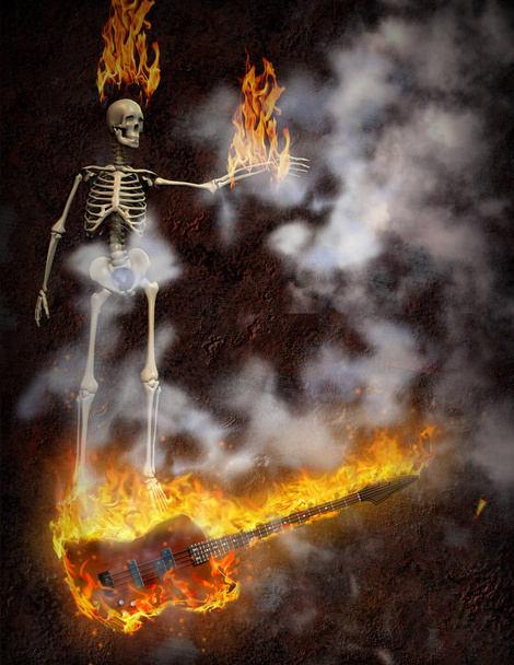 Brûler guitare basse et squelette tient flammes
 - Photo, image