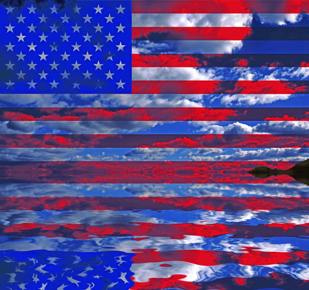 Σουρεαλιστικό ψηφιακή τέχνη. USA σημαία πάνω από τα σύννεφα, αντανακλάται στο νερό. 3D rendering. - Φωτογραφία, εικόνα